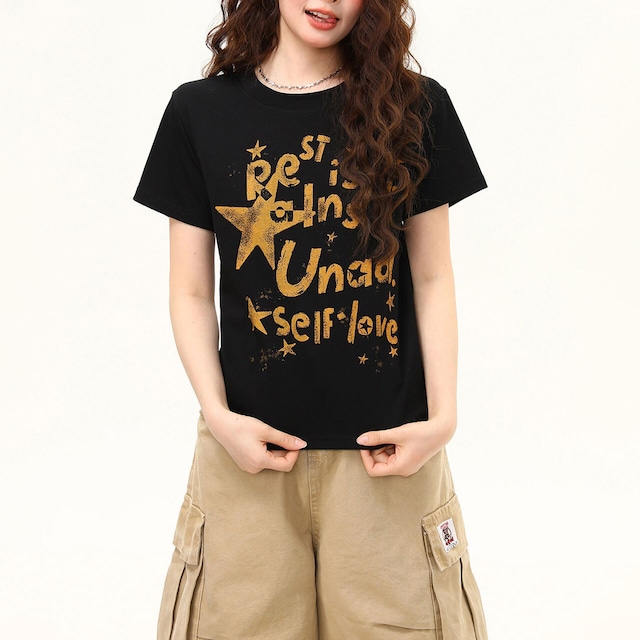 スターレタリンググラフィックプリントTシャツ 1col R02436