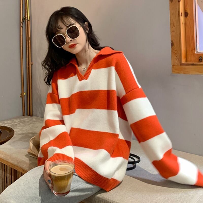 ストライプセーター レディースルーズスプリングオータム薄手ニットブラウス 春物 秋物 YY-ファッション87252957038