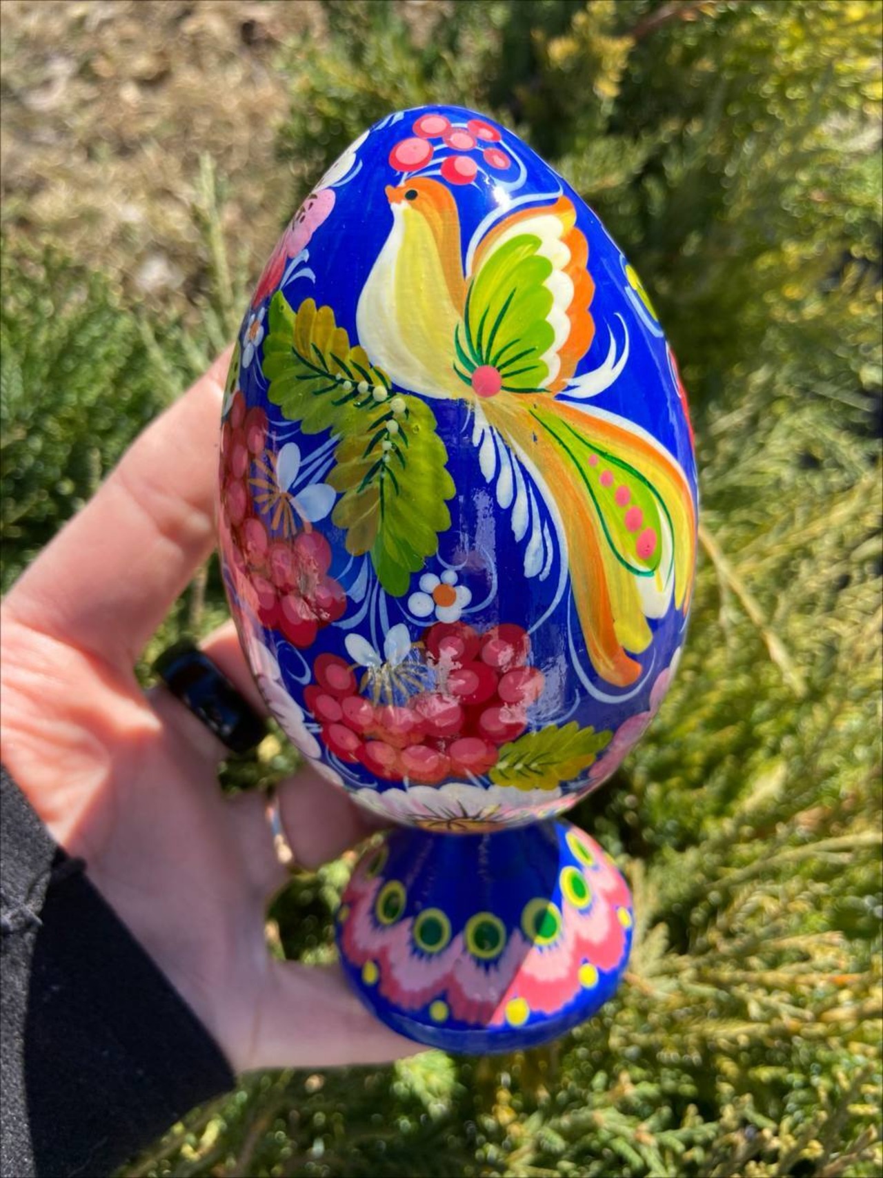 ペトリキウカ塗り　木製プィサンカ・スタンド一体型（イースター・エッグ）14cm（ホメンコ作） - 6