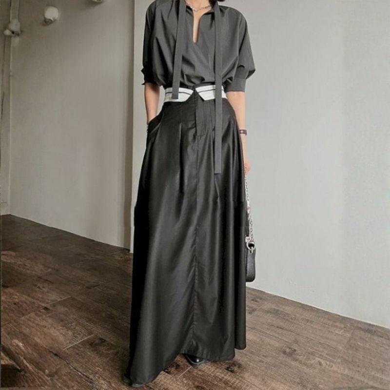 High waist lapel flare skirt 2 colors V1763