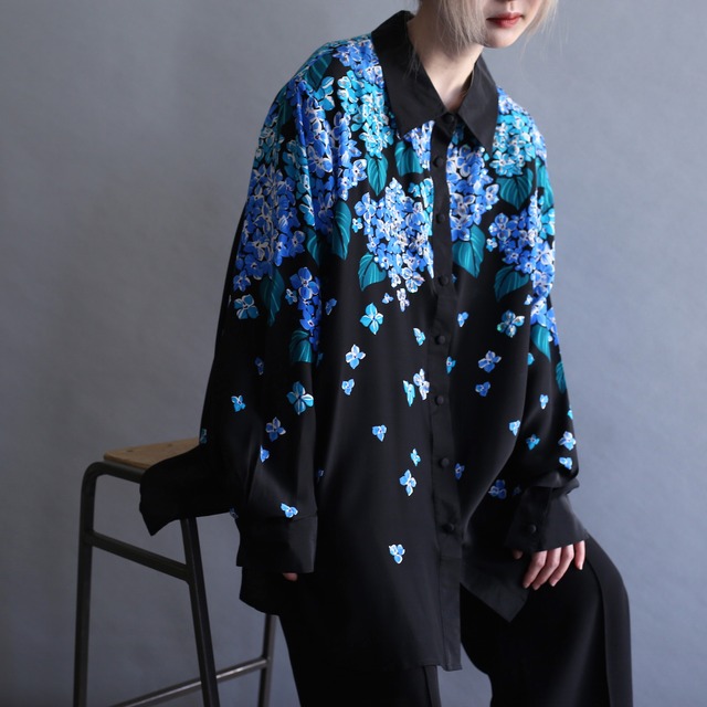 "紫陽花" beads decoration loose silk shirt