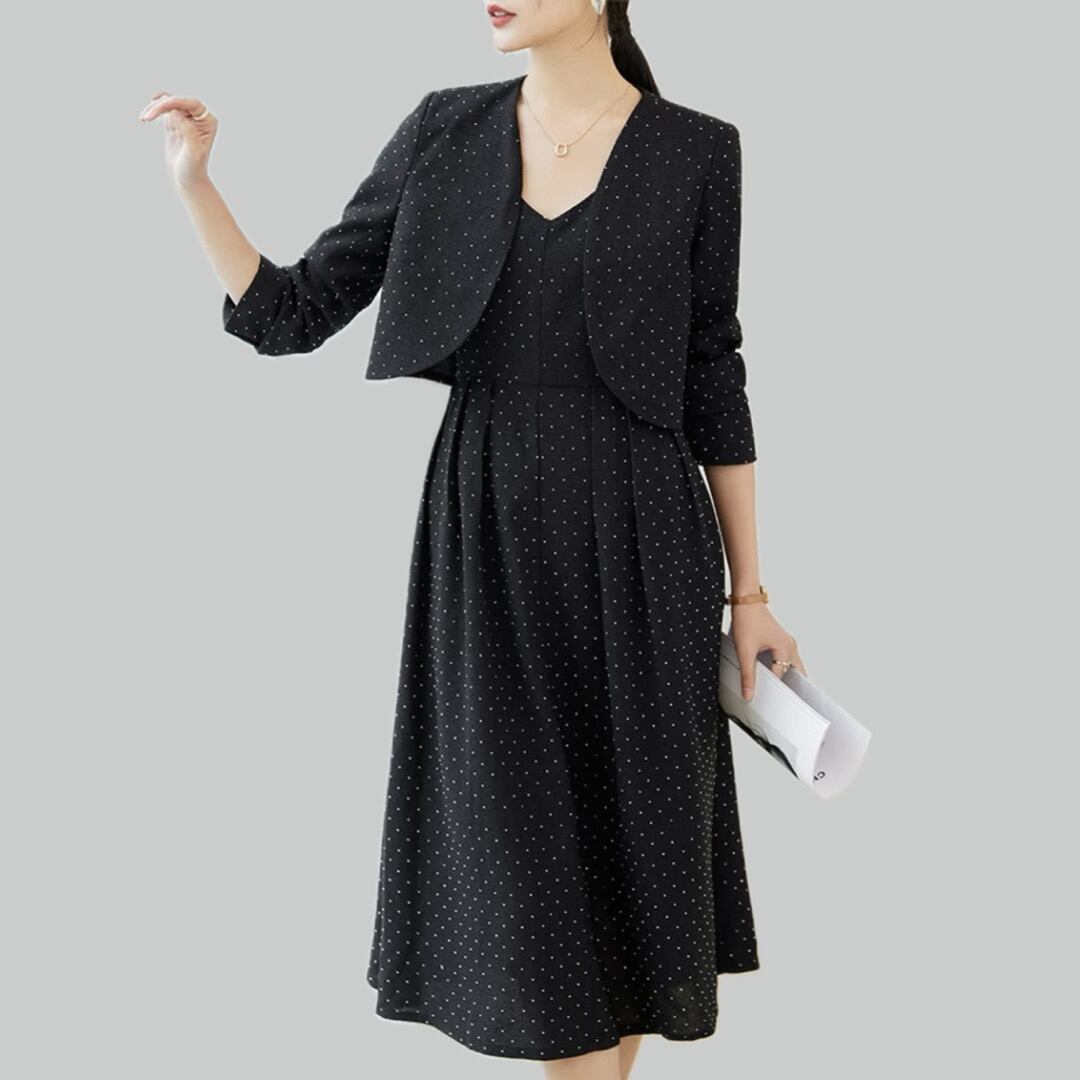 Dot pattern portrait neck design dress and collarless jacket setup 00076