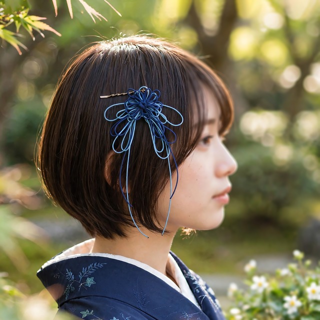 飾り結びヘアピン「映り、そよや」（濃青×縹）【軽量快適】ショートヘアも簡単和風アレンジ。