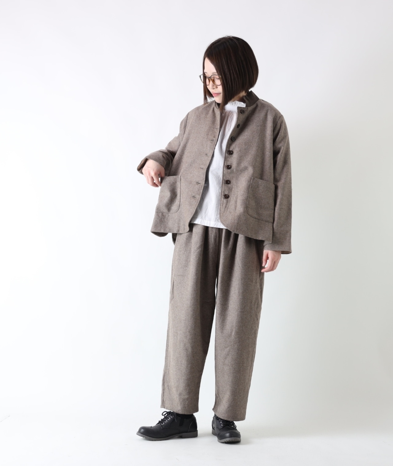 CUORE STORE/ウール混 リブ襟チェックジャケット