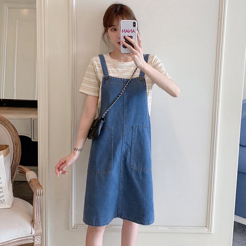 【新作】【送料無料】 マタニティウェア2020夏新作ウォッシュドデニムミドル丈サスペンダースカート+ストライプTシャツマタニティツーピースセット-アリババ サマー 夏物 expec276044255666