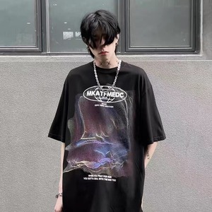 【トップス】男女兼用hiphopウェーブプリントデザイン半袖Tシャツ  202281530N