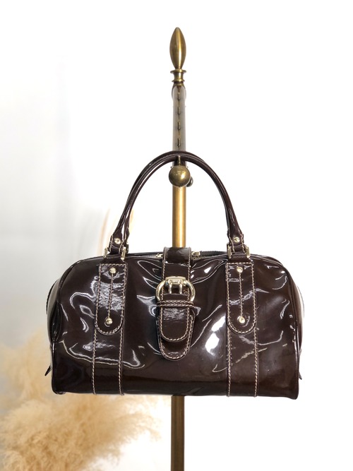 GUCCI グッチ ハンドバッグ ブラウン ベルト リボン エナメル ボストンバッグ vintage ヴィンテージ オールド dan4kc