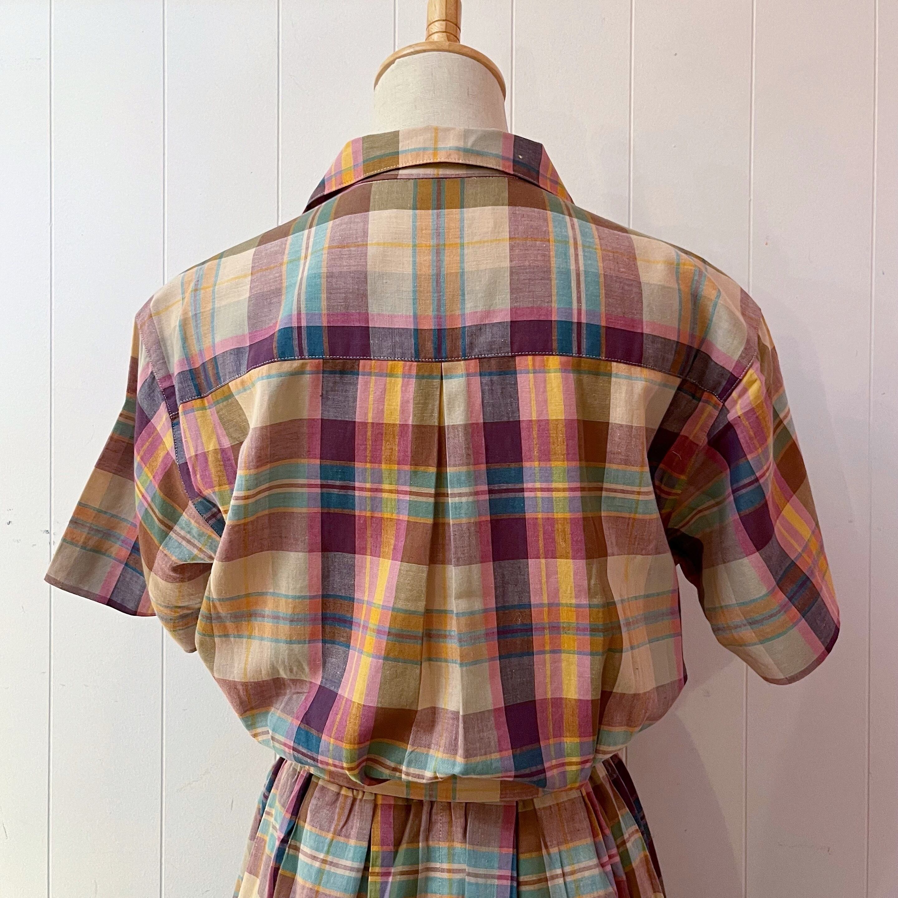 yellow pink check open collar one-piece