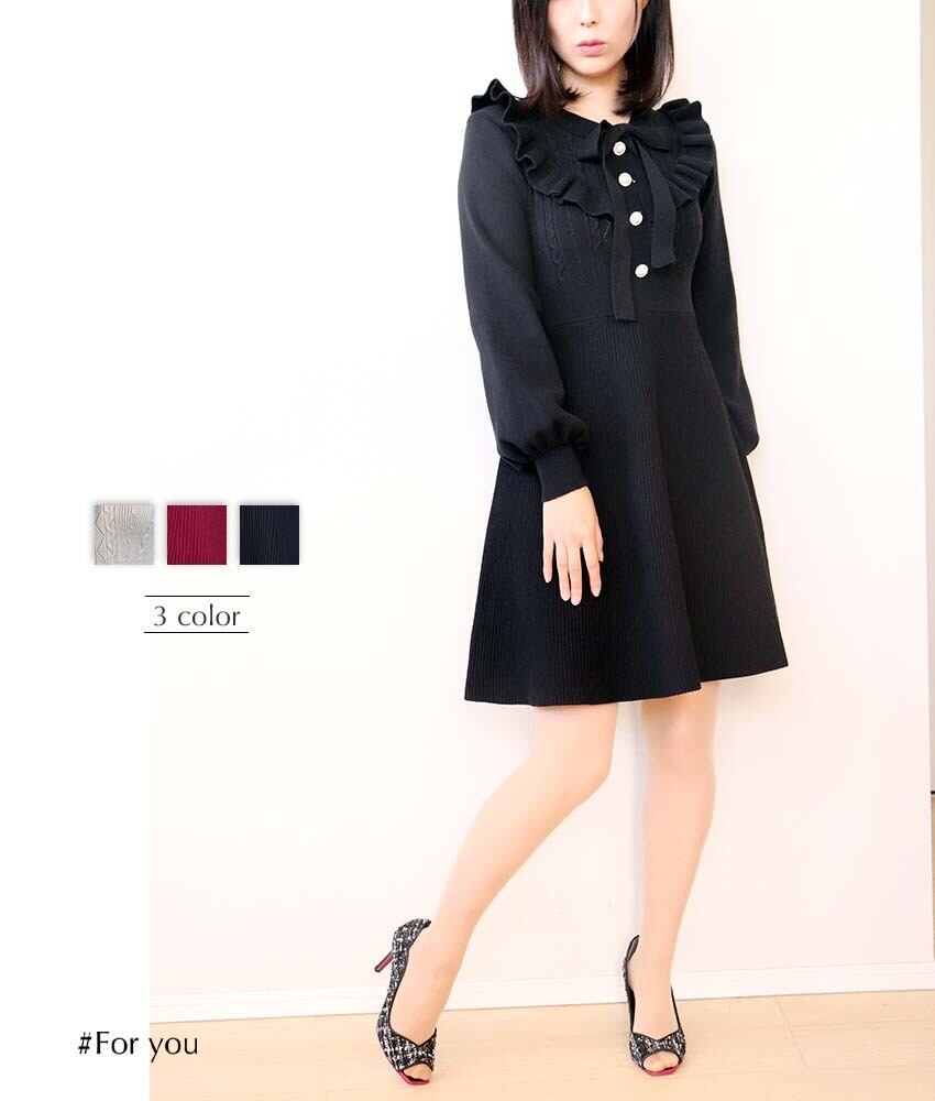 フリル襟リボンのニットワンピース_e0002111015