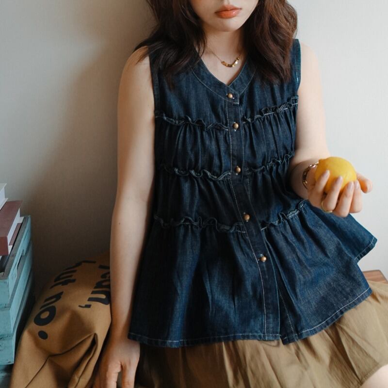 デニム素材  シャーリングデザイン ノースリーブトップス 00443