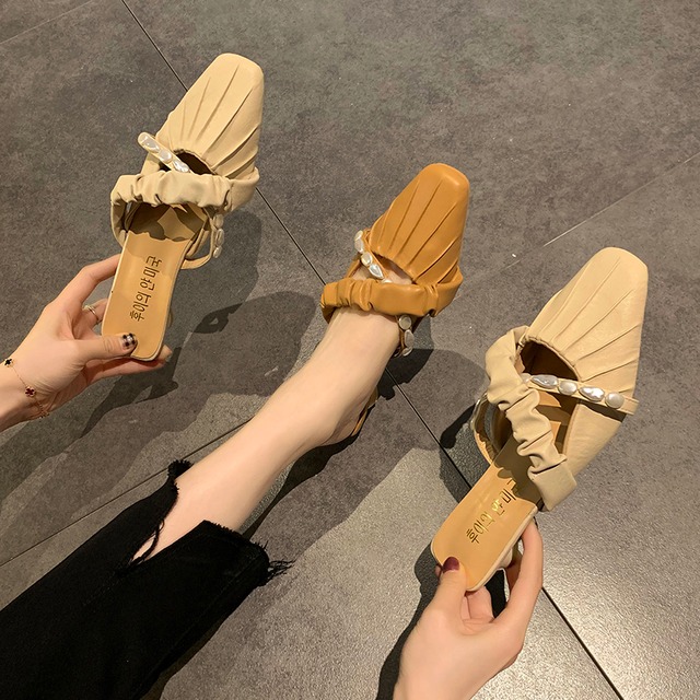 ミュールパールカジュアルサマーソリッド カラー 靴 シューズ 夏物 真珠 ソリッドカラー 部族の婦人靴65781425348