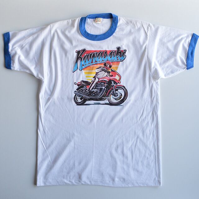 80s カワサキ(KAWASAKI) バイク柄リンガーTシャツ ROACH USA製 デッドストック