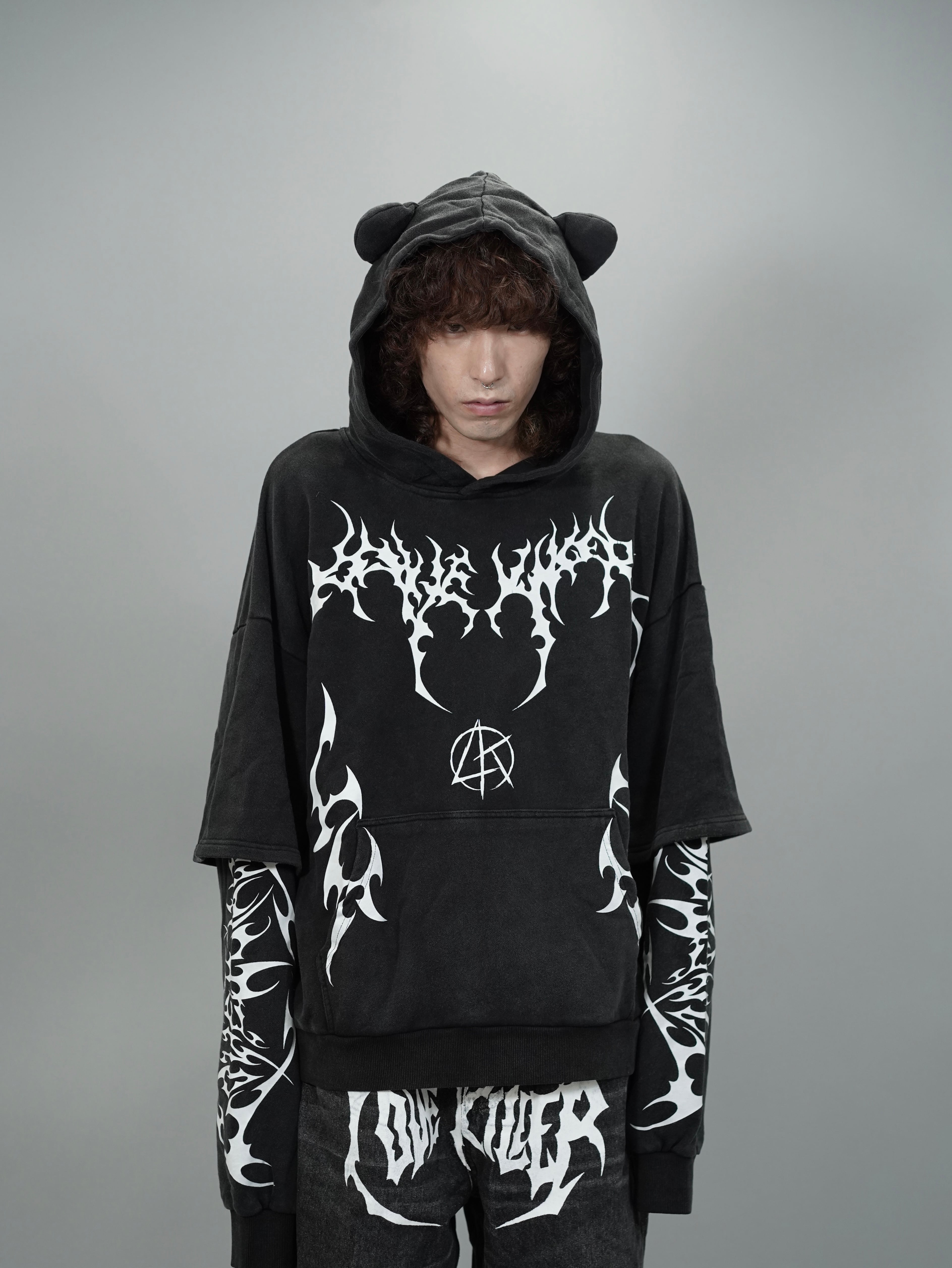 【LOVE KILLER】graphic logo layered cat hoodie