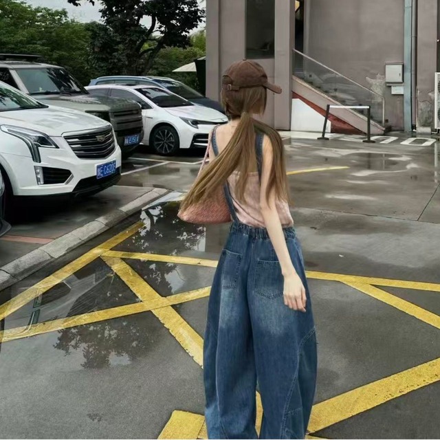 クラッシュポケットワイドラインデニムサロペット 1col R02555