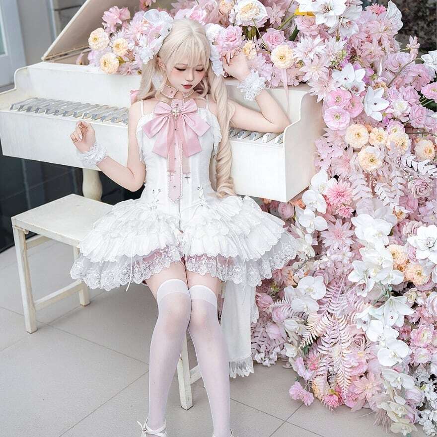ロリータファッション 白薔薇リボンレースフリルOPセット | ロリィタ