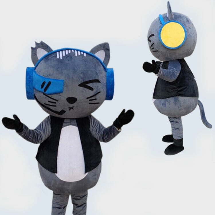 本格的着ぐるみ 音楽猫 ねこ 大人用 グレー 猫 灰色 ネコ きぐるみ 3頭身タイプ 格安 良質 のぞき可 オーダーメイド コスプレ イベント用品 遊園地 お子様 大喜び 集客 かぶりもの 催事 Mooncat