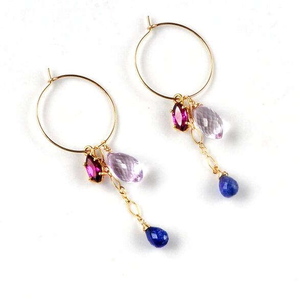 14kgf/天然石チャームセット ピンクアメジストxロードライトガーネットxタンザナイトフープピアス