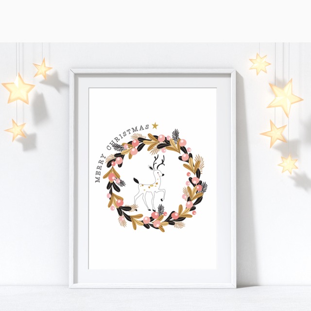 ポスター 鹿とリースのポスター　クリスマス/ i0350