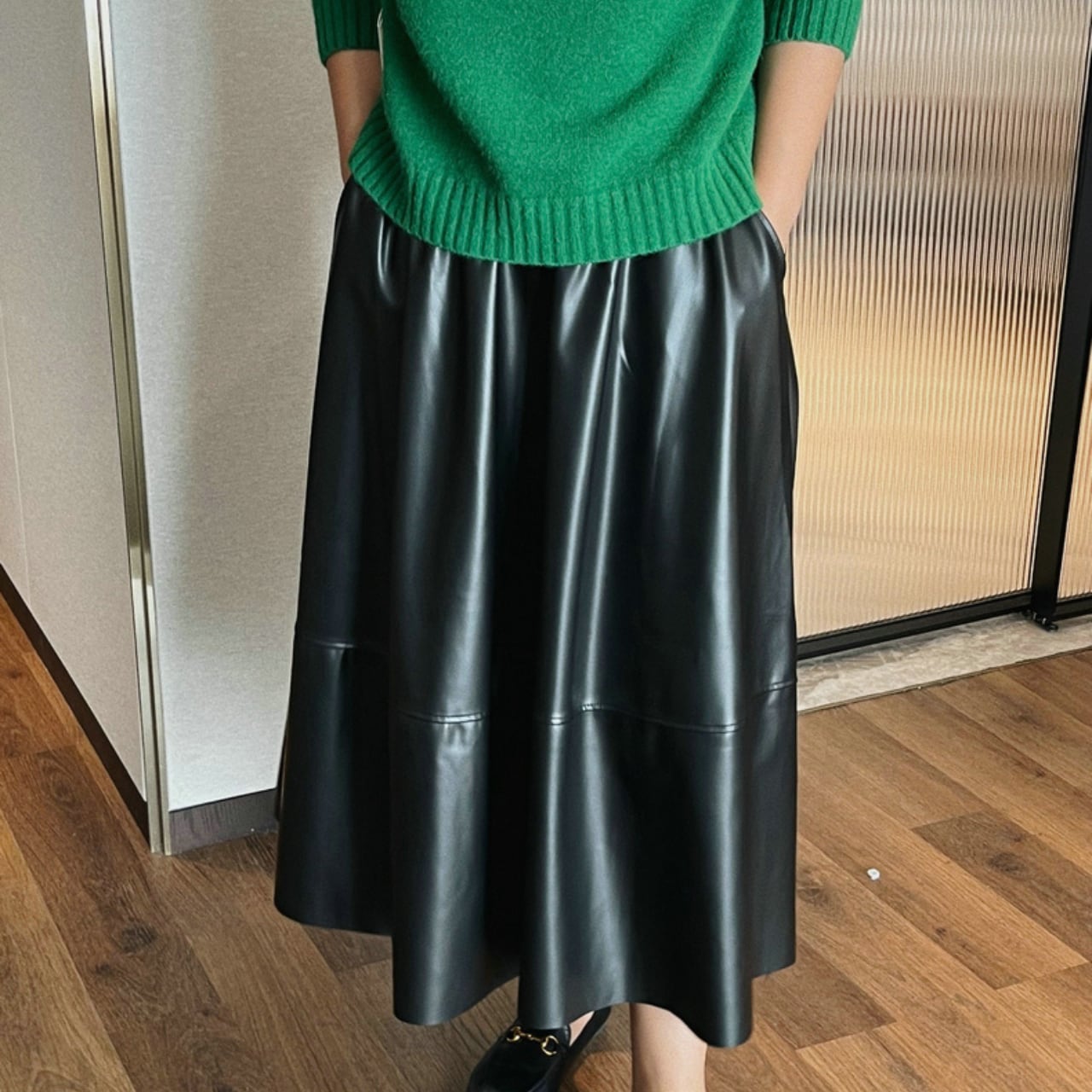 A-line mid-length leather skirt in 2 colors S1760