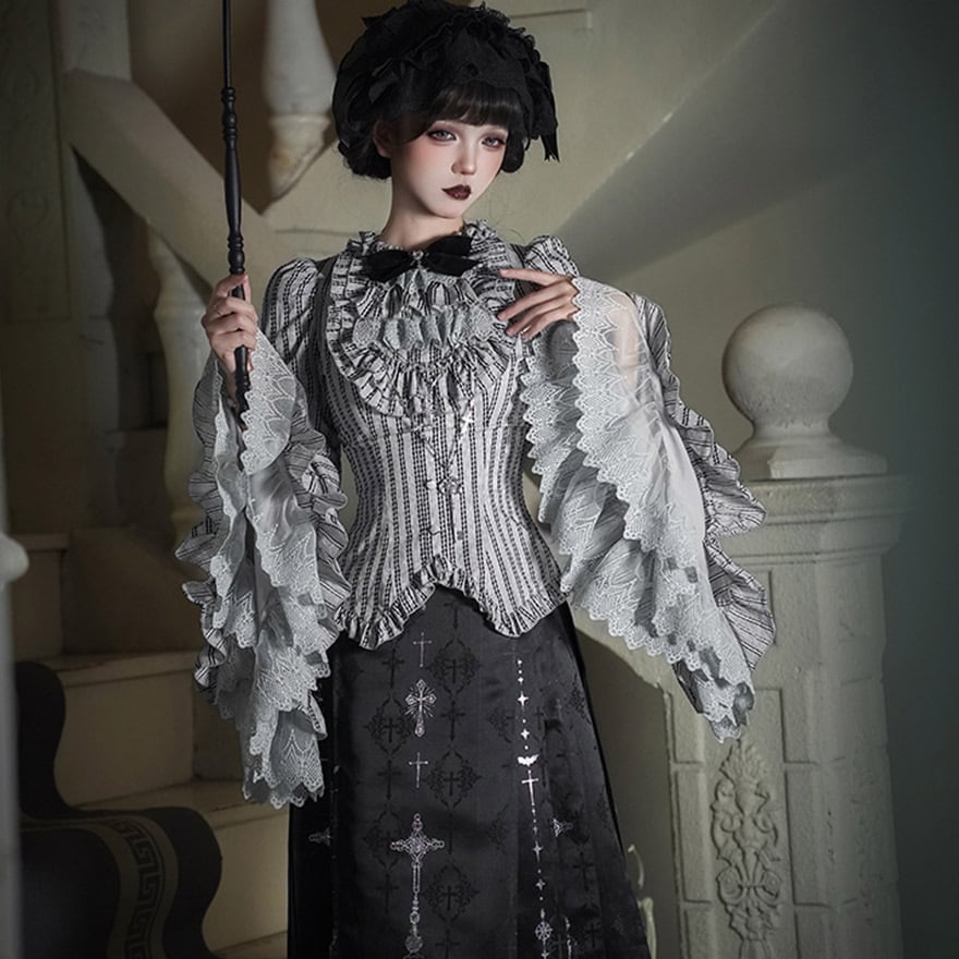 ゴスロリ 6点 セット ストライプ 姫袖 ブラウス コルセット ボンネット ロング JSK フリル袖 黒白 ロリィタ 地雷系 PUJI
