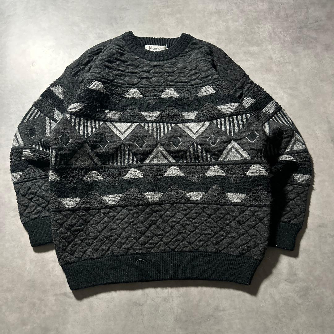 NINGTENG ブラック モノトーン モード 肉厚 レトロ ニット セーター