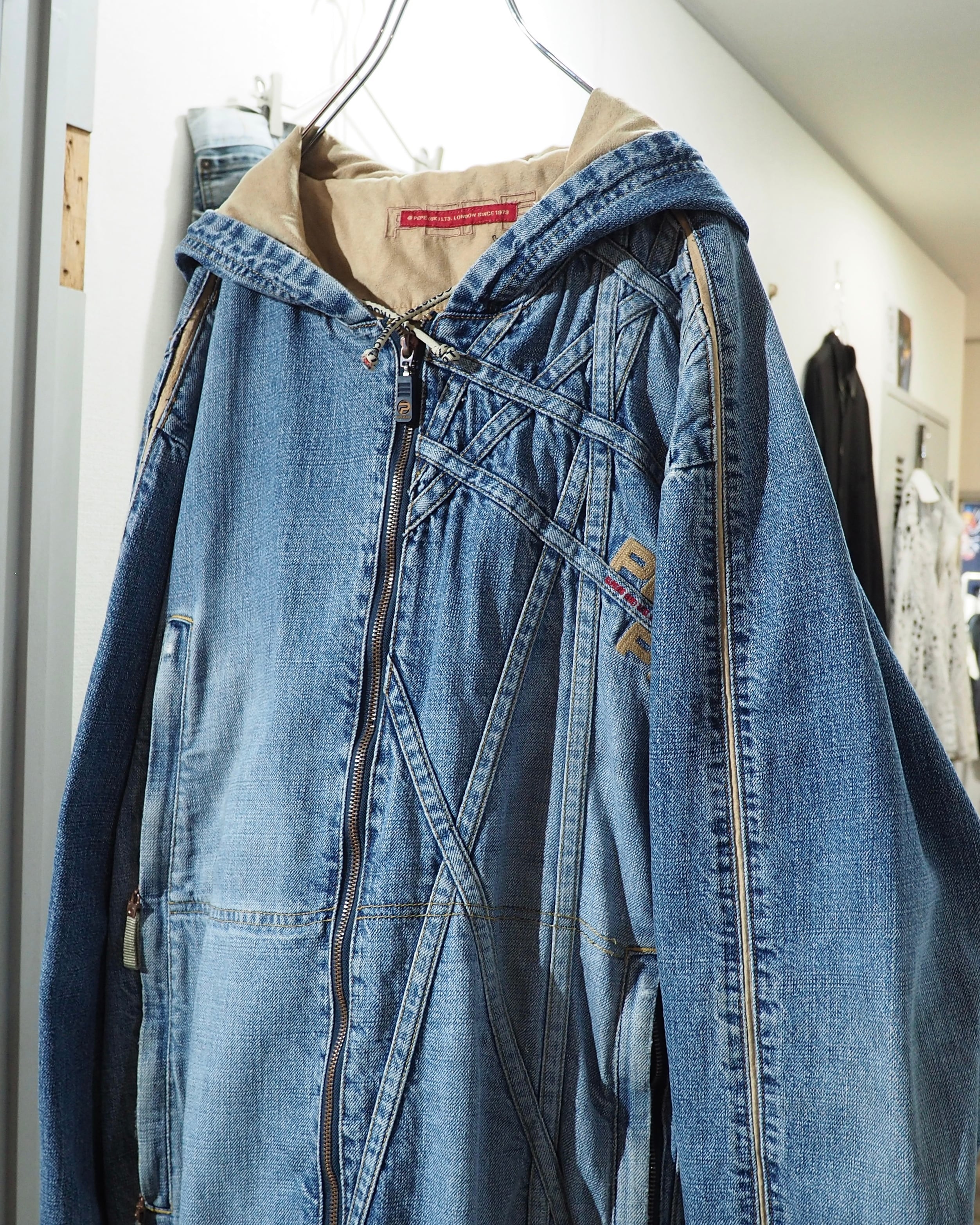 1990s ” Special - PEPE JEANS ” Crossed Lines × Logo Embroidery Vintage Loose Hoodie Denim Jacket