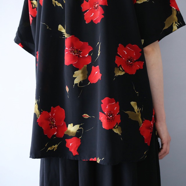 "花柄" black base red flower mode h/s shirt