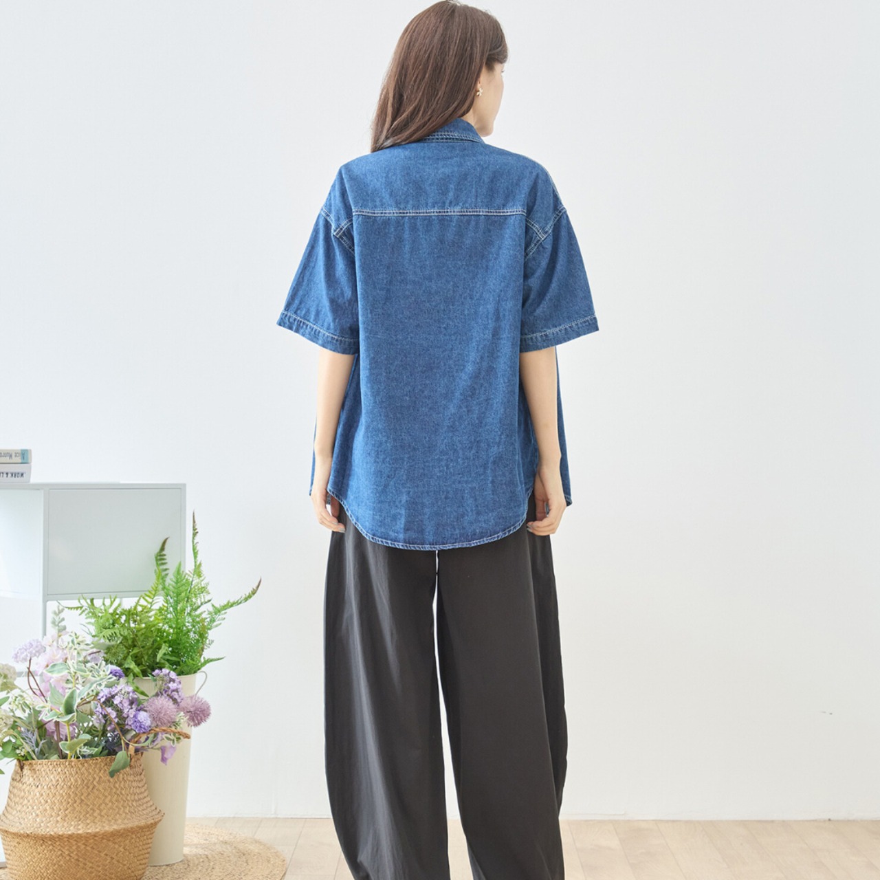 TRUBE ワンポイント刺繍ドロップショルダー半袖デニムシャツ【M~L】デニムブルー