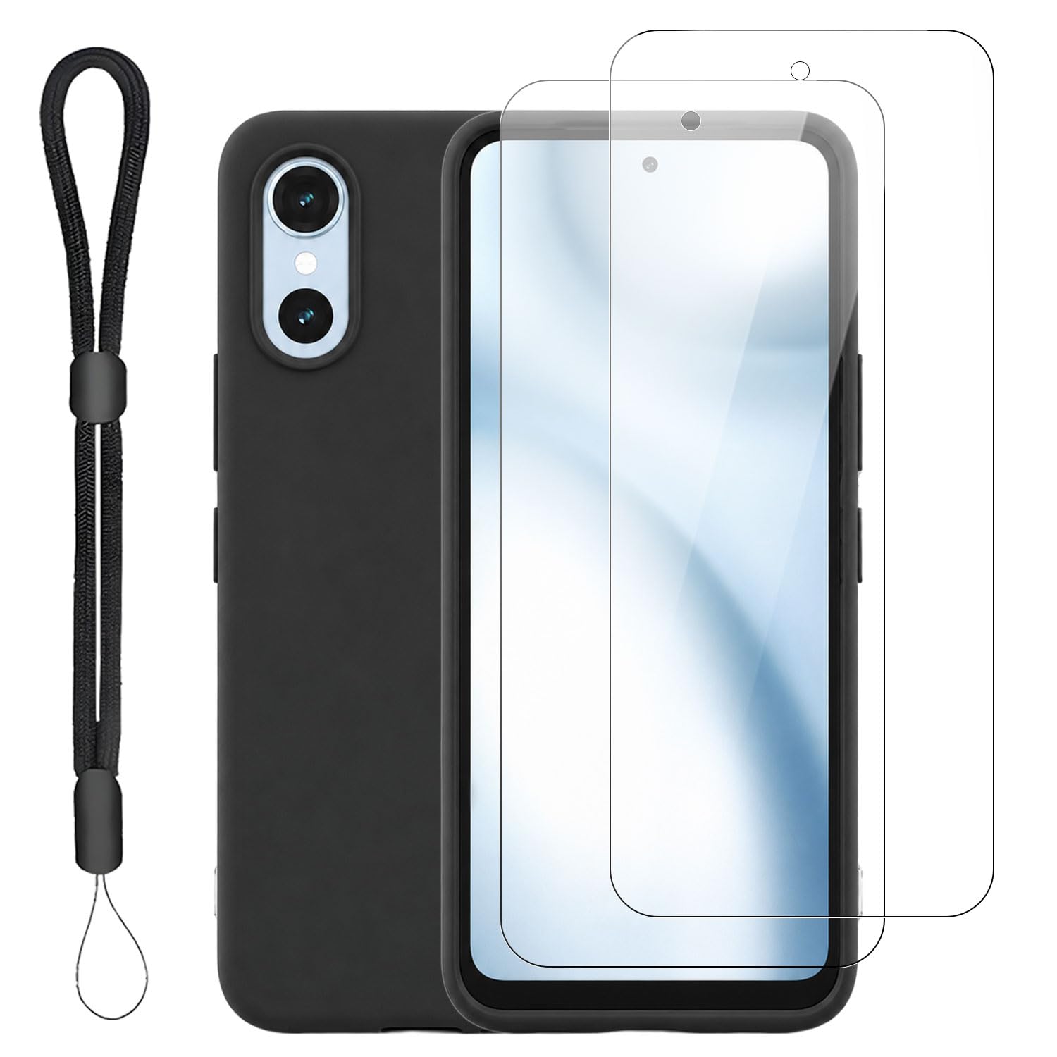 YCJDP ケース arrows We3 用 ケース マットブラック TPU 素材 黄変防止 + arrows We3 ガラスフィルム 2 枚 柔軟 耐指紋 撥油性 反射低減 飛散防止処理 耐衝撃薄型カバー 滑り止め 着脱簡単 調節可能なストラップ付き(2 枚ガラスフィルム + 1 枚カバー + 調整式ストラップ)