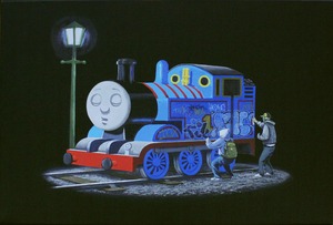 バンクシー「スリーピング トーマス/Sleeping Thomas the Tank Engine(S)」展示用フック付きキャンバスジークレ