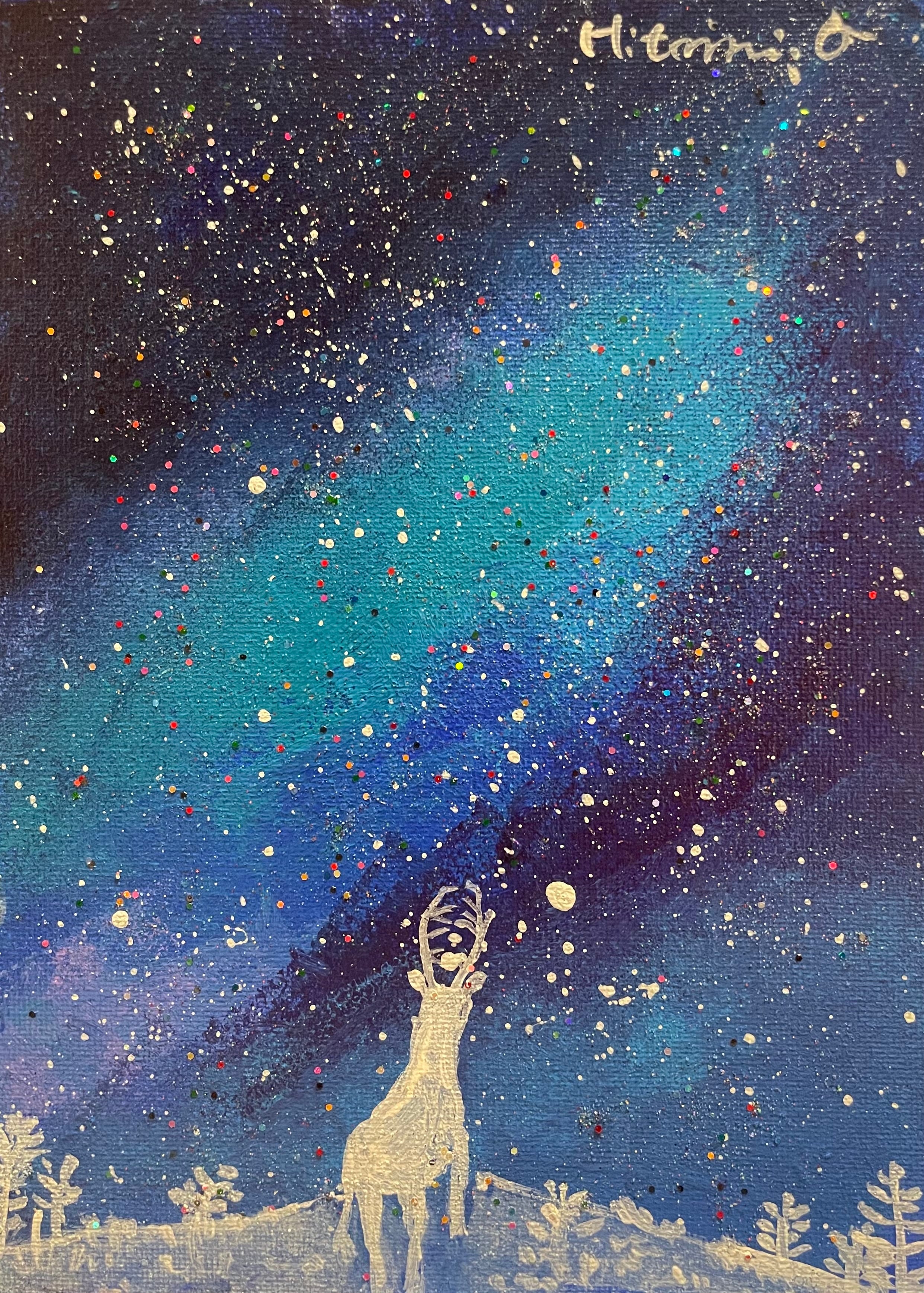 A-140/26】真作○原画 絵画 星空と鹿の風景画 キャンバスパネル 真作