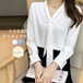 シャツ ブラウス レディース 長袖 トップス シフォン スカーフタイプ ブラウス スーツインナー ボウタイ ブラウス スカーフカラー Vネック プルオーバー 無地 リボン 夏 春 秋 シンプル フォー