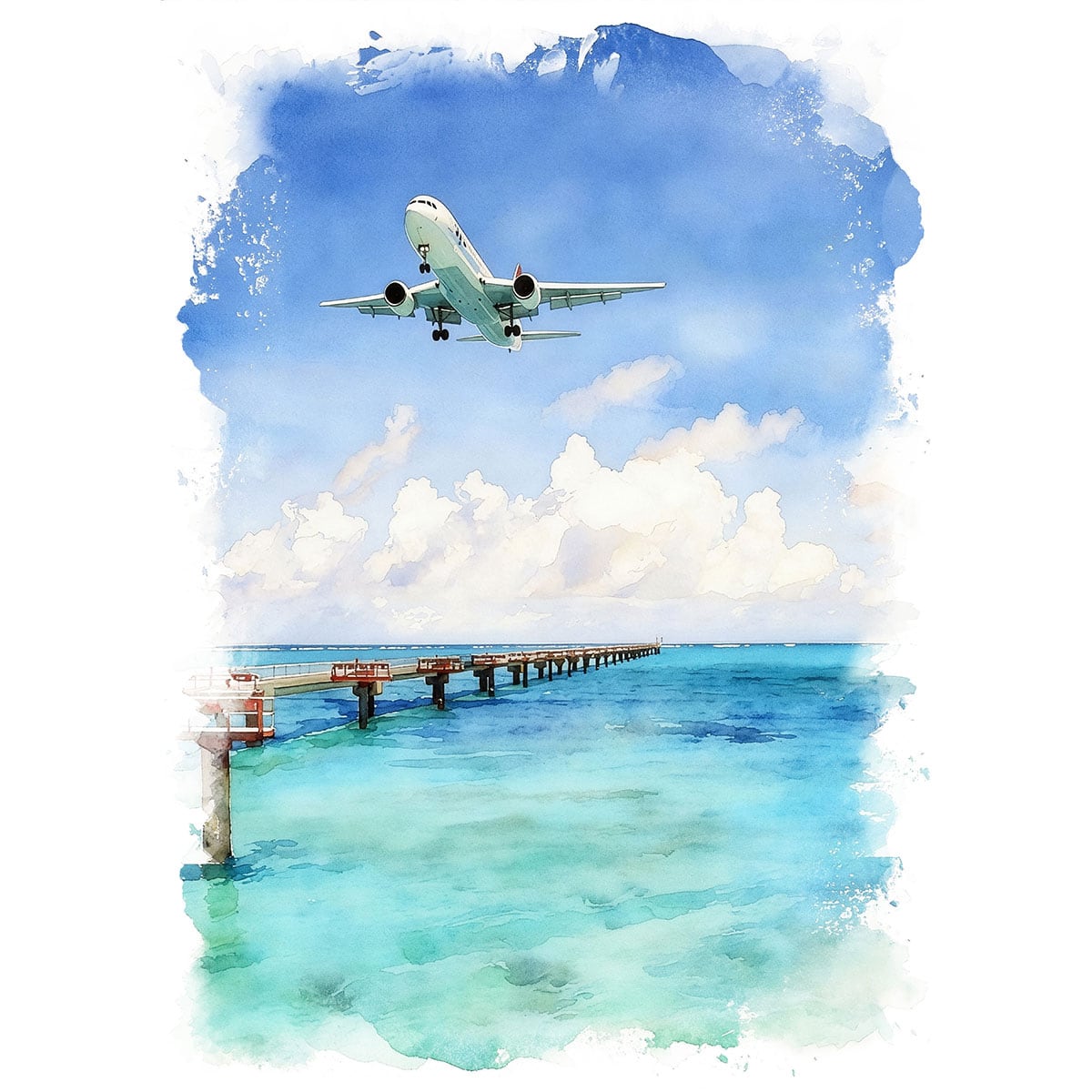 絵画 沖縄 風景画 下地島空港への飛行機 インテリアアート額付き