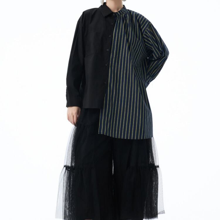 異素材切り替えストライプシャツ ◆4col R30310