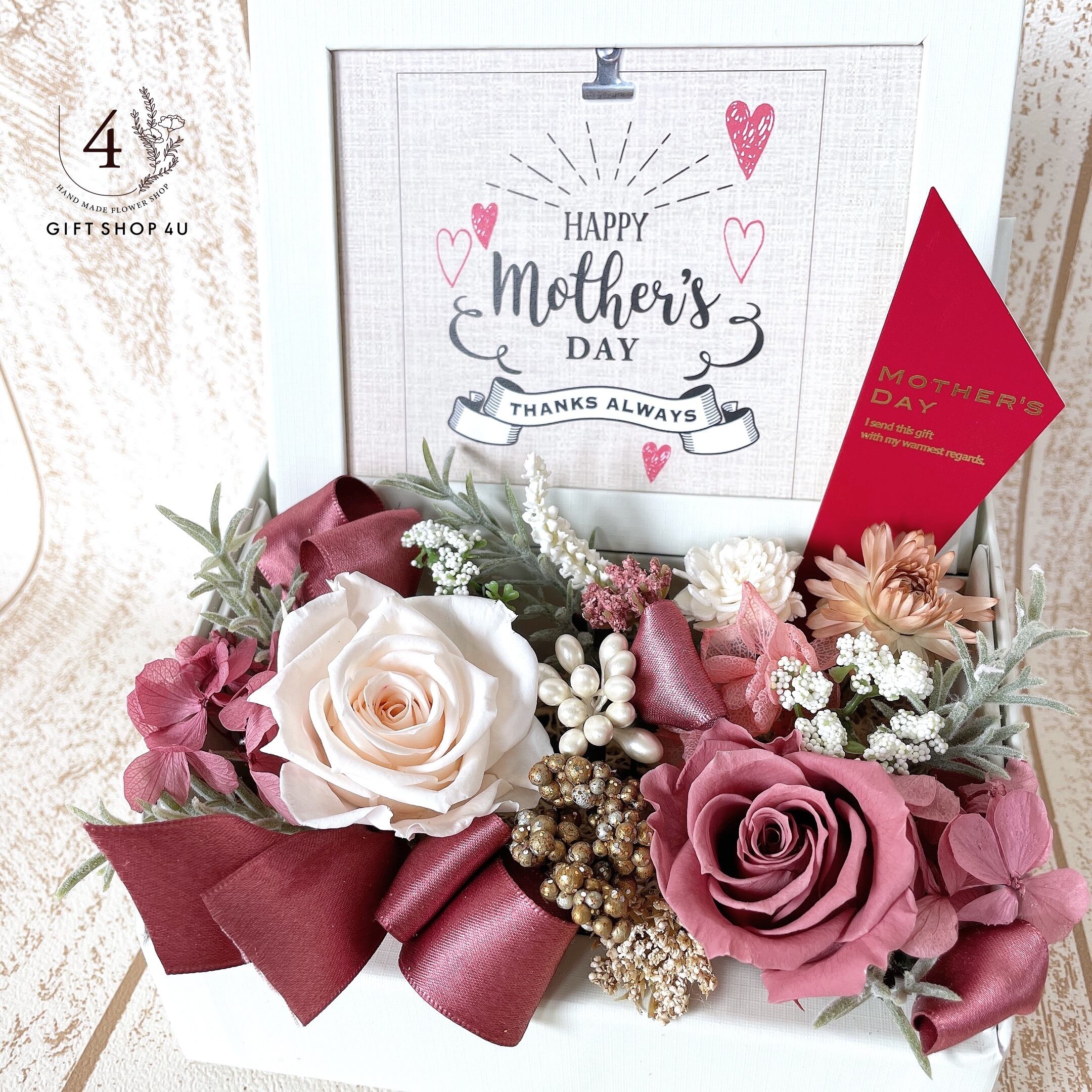 母の日 新作フレーム プリザーブドフラワーフォトフレーム ローズピンク ラッピング代込み 写真立て 母の日 １３ 4u