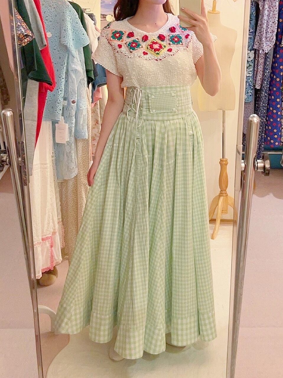 original : transformation belt gingham check skirt . green