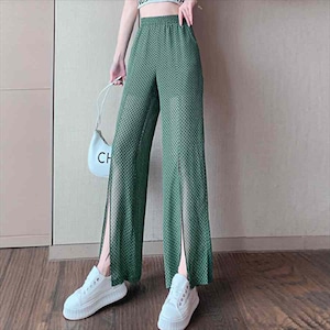 【送料無料】ガウチョパンツ フレア グリーン  ウェストゴム 夏 ポケット 透け感 シースルー カジュアル系 ガーリー レディースファッション 可愛い お出かけ 女子会 デイリーユース お茶会 お呼ばれ 授業参観 トレンドカラー