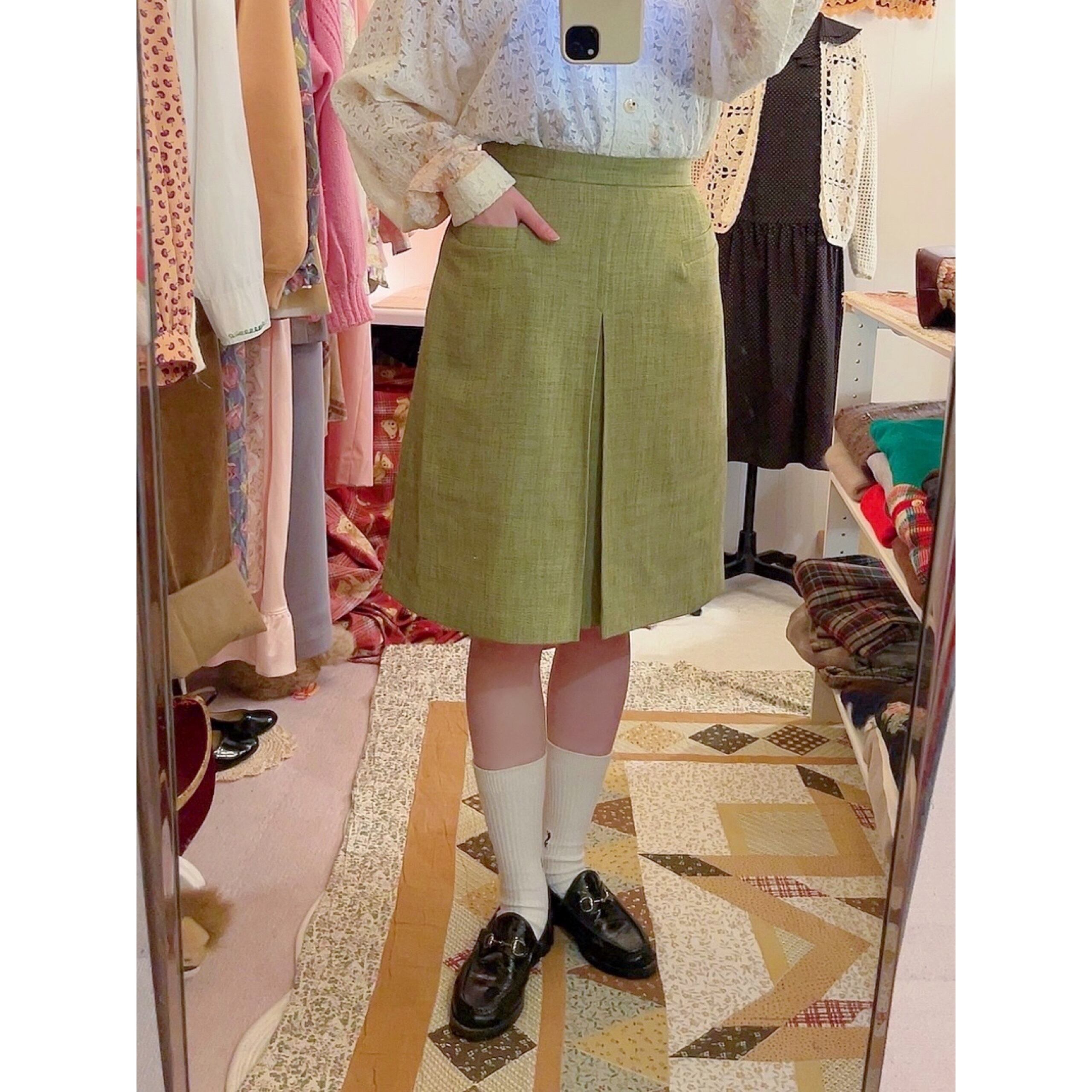 moss green tuck skirt
