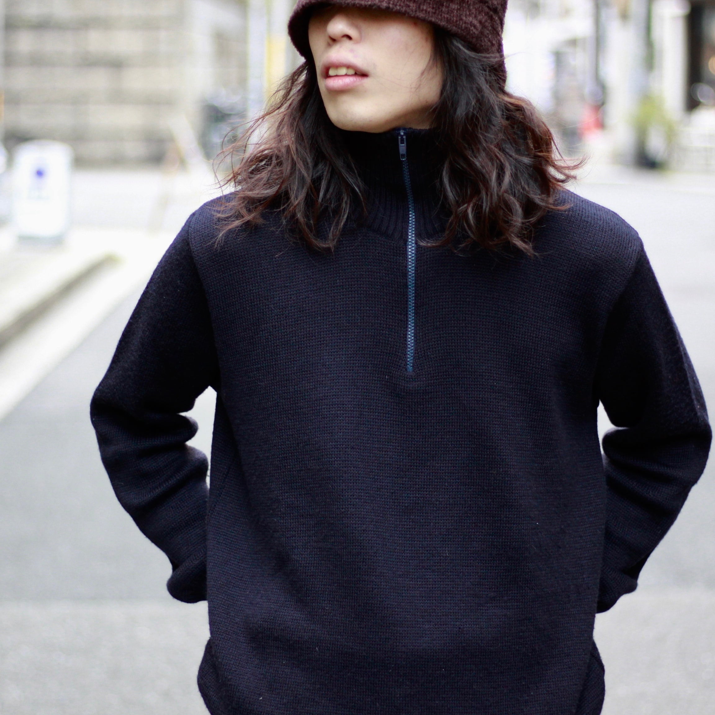 0781. half zip drivers knit made in Italy ネイビー アクリルウール