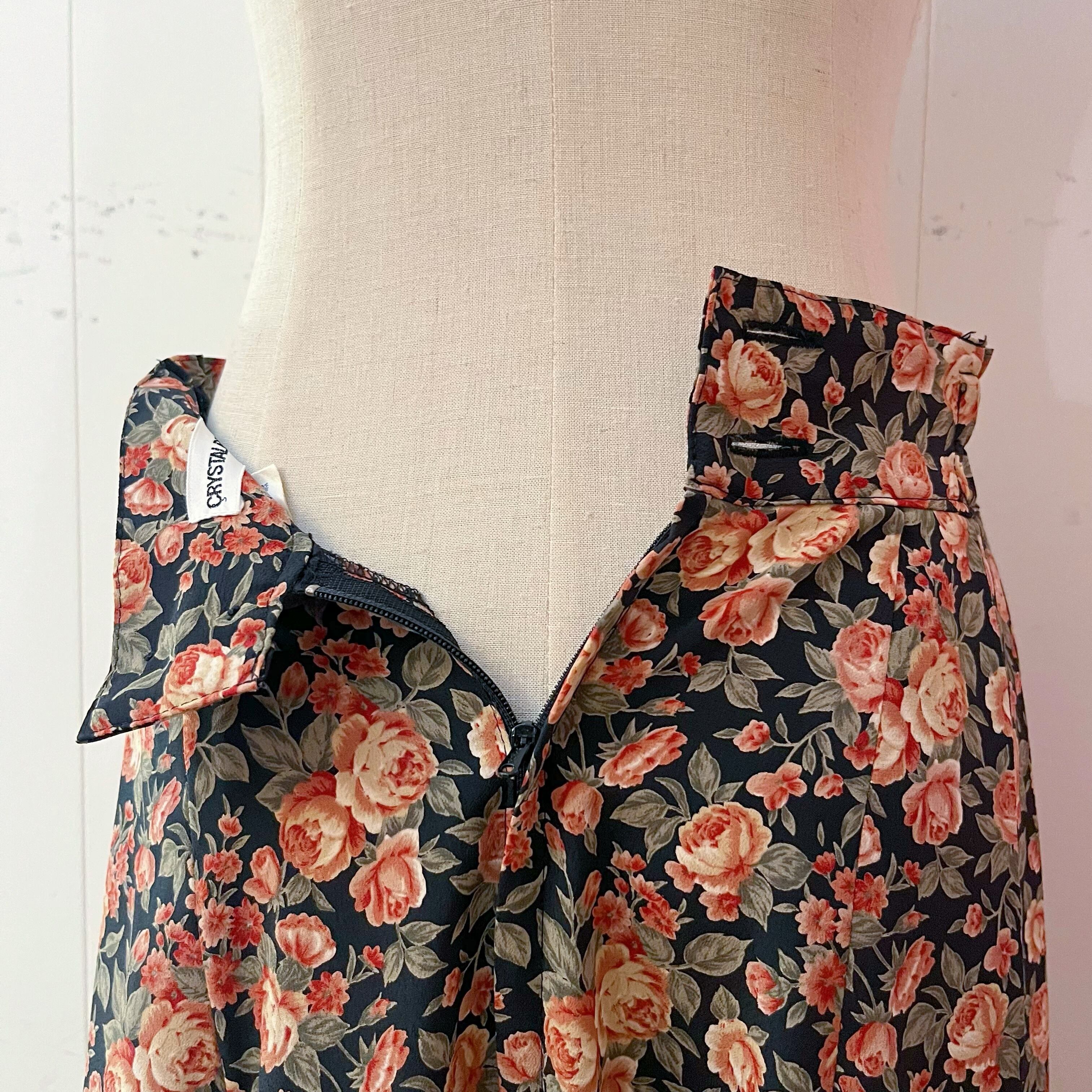 waist ribbon rose tuck flare skirt