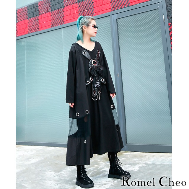 Romelcheo パンク ウサギ ロング ワンピース シースルー 黒 兎 うさぎ モチーフ メタル レディース ロック モード系 ストリート系 オシャレ 個性的 原宿系 病みかわいい カジュアル ファッション ロメルチェオ Romelcheo