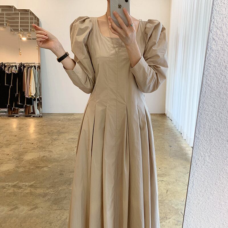 パフスリーブ ロングワンピース 長袖 スクエアネック フレアスカート 無地 プリンセス お嬢さま 大人かわいい パーティー A1181 Macaron