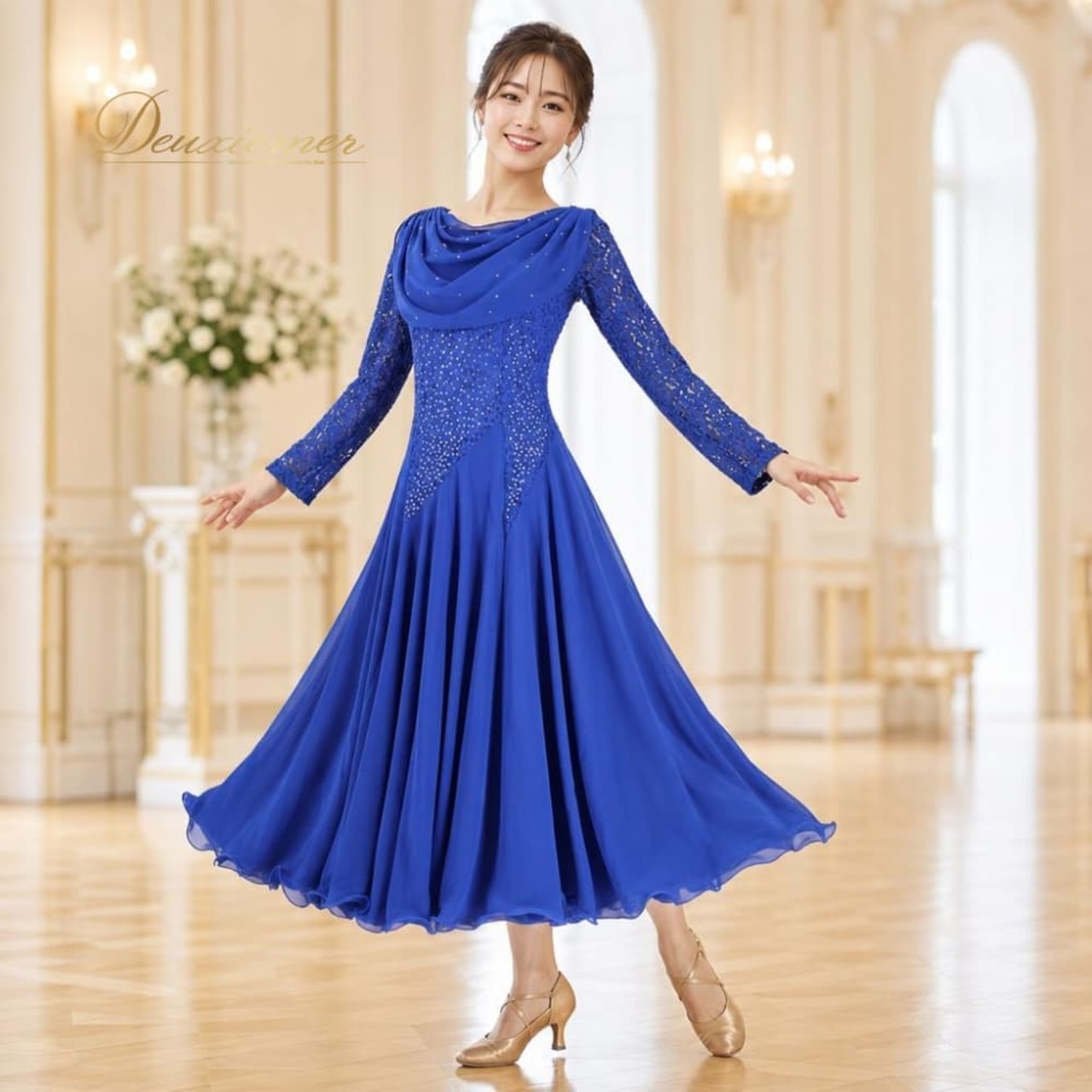 社交ダンス 衣装 ドレス ワンピース ブルー系 レース 花 花柄 青 ラインストーン ドレープ 装飾 キラキラ パーティー ダンス衣装 イベント 華やか 鮮やか ステージ レディース 上品 高級感 かわいい ふんわり ひらひら