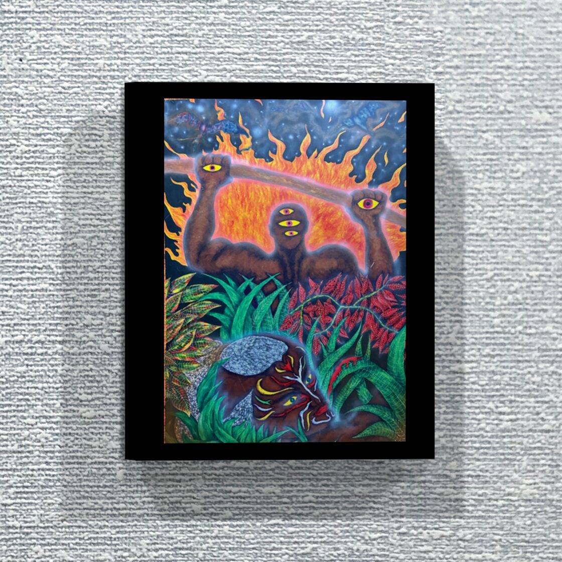 真作「Pine trees cranes No-1」F3号 シナベニヤ 油彩-ルイ