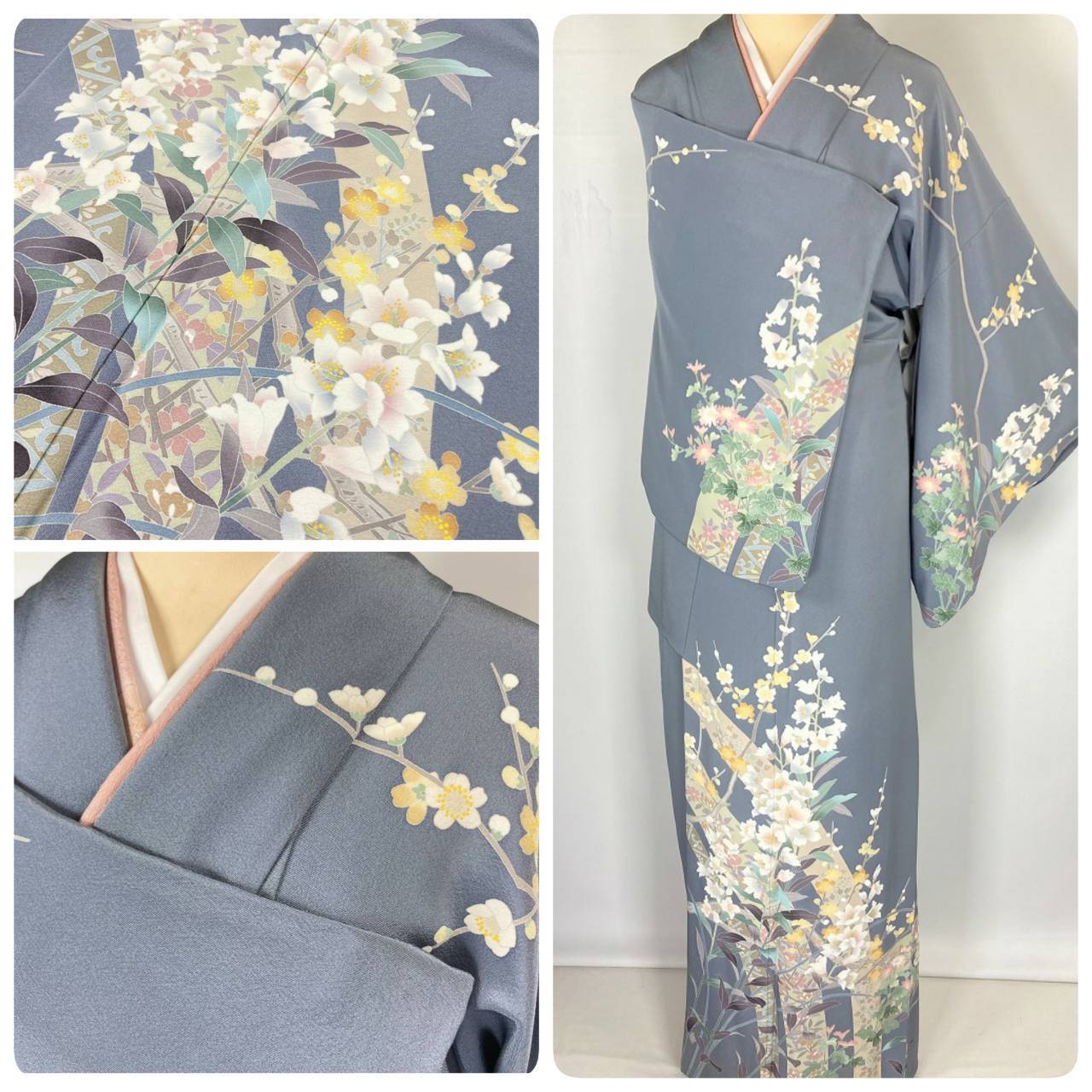 十日町友禅 作家物 手描き友禅 訪問着 花柄 正絹 ブルー グレー 白 1095 kimono Re:和 [online store] キモノリワ  着物 帯