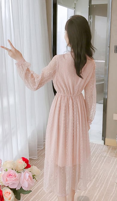 ワンピース ドレス レース シフォン 総レース 長袖 ミディアム丈 胸元