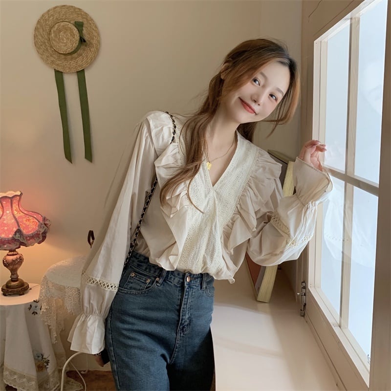 シャツ スプリングオータムルーズホワイトトップス ロング 春物 秋物 ブラックストロベリース63119864101