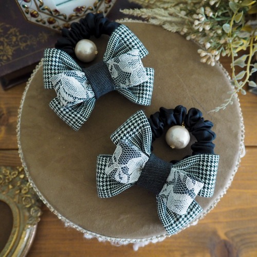 ワイヤーリボンシュシュ　グレンチェック×レース