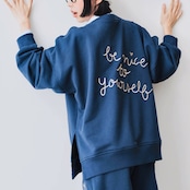 ゆるく可愛い:ガーリーリボン刺繍のインディゴブルースウェット i0463