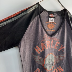 ハーレーダビットソン　Vネック　ラグランTシャツ　刺繍　ビッグロゴ　M